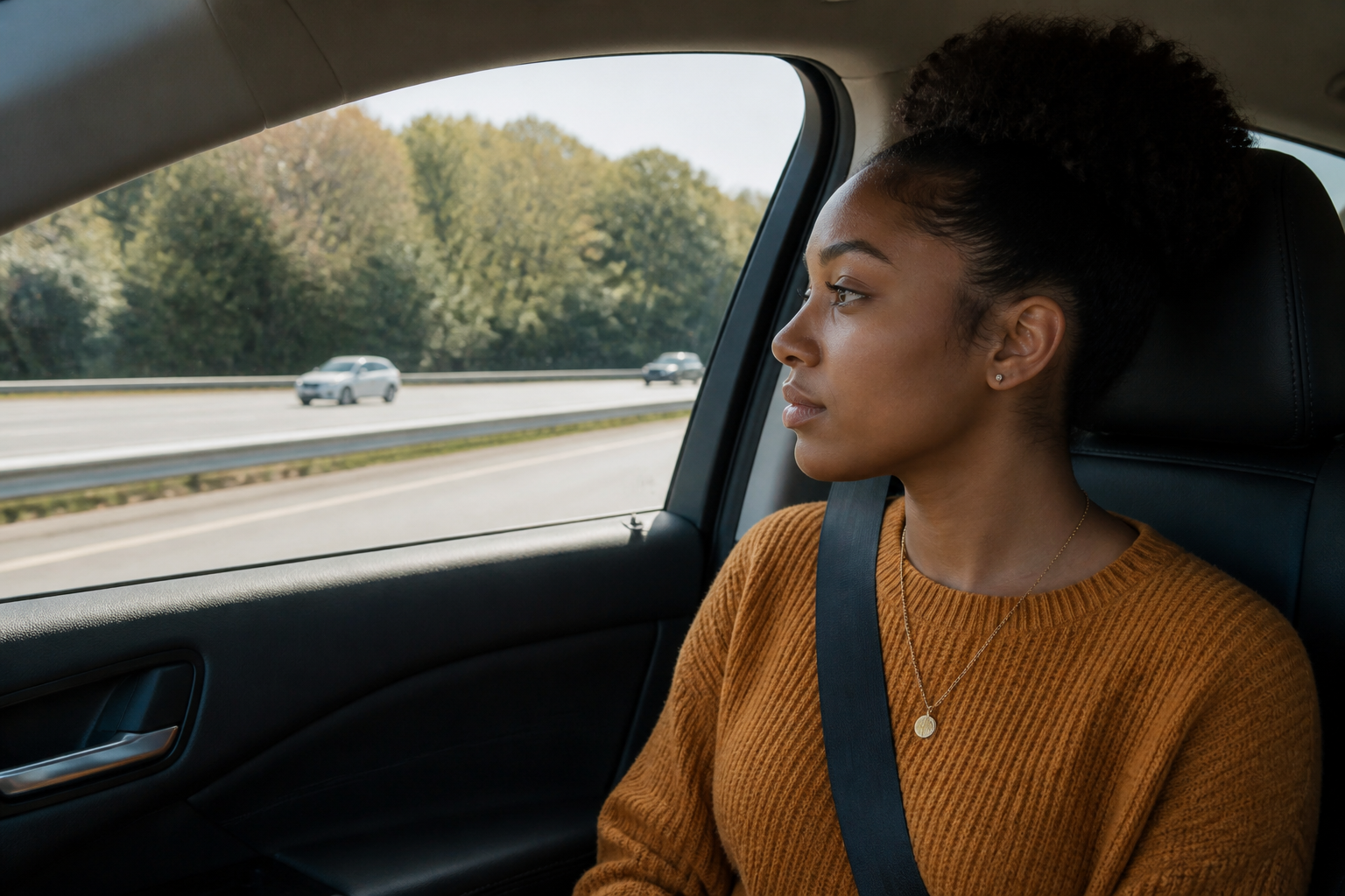 Pensive, calm woman — not sad, not crying